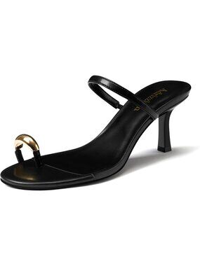 Women's Kitten Heels Metallic Toe Ring Black Heeled Sandals Slip On Heels